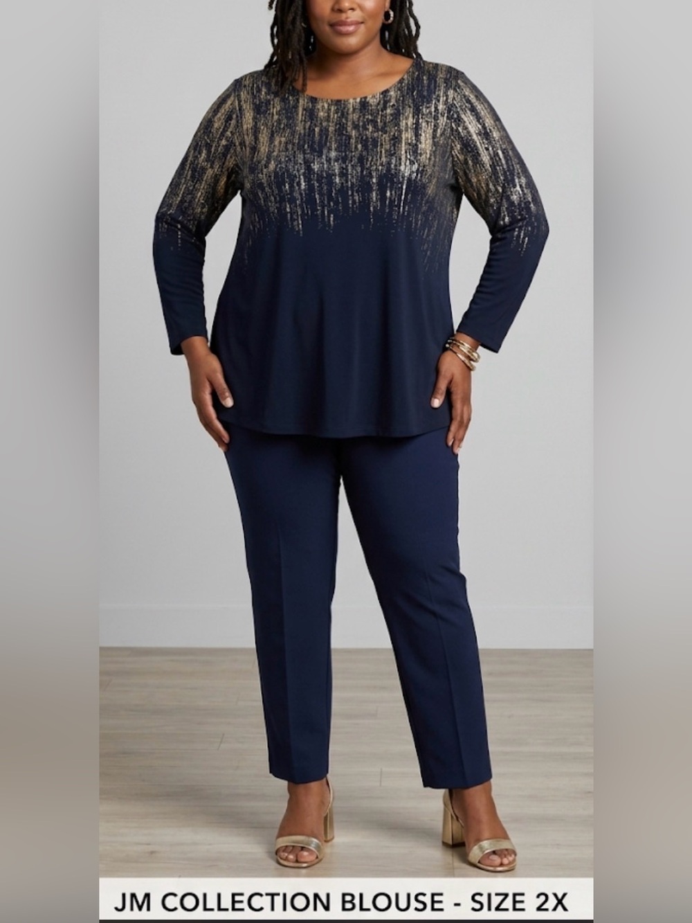JM Collection Black w Gold Metallic Brushstroke Detail Dinner Party Blouse 2X